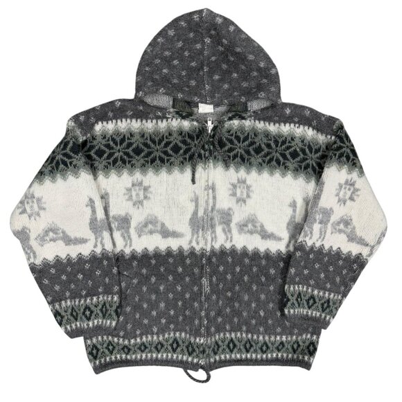 Vintage Tejidos Aly Marka Alpaca Wool Zip Knit Hoodie Llama Pattern Small - Picture 1 of 6
